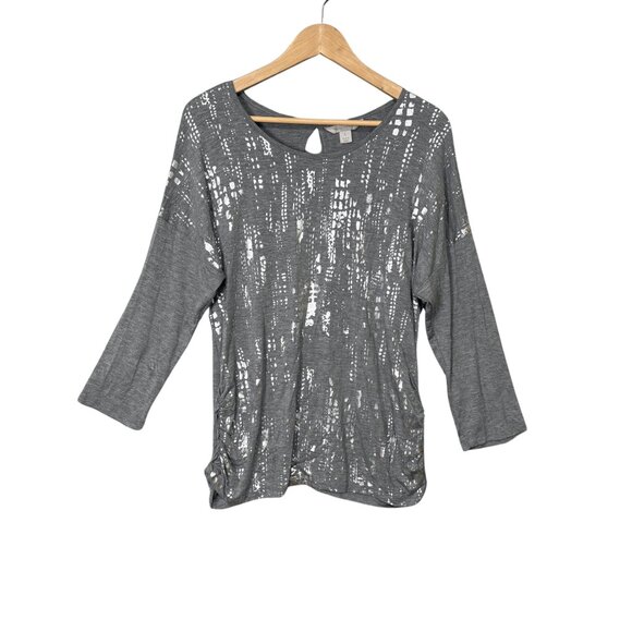 Laura Ashley Womens Metallic Round Neck Top Size Large 3/4 Sleeves Ruched Artsy - Picture 1 of 7